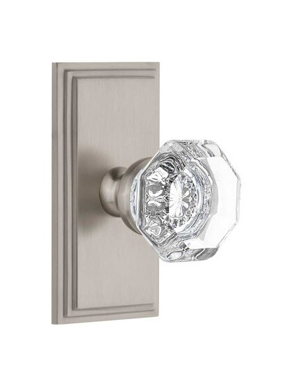 Grandeur Carre Rosette Door Set with Chambord Crystal-Glass Knobs in Satin Nickel.
